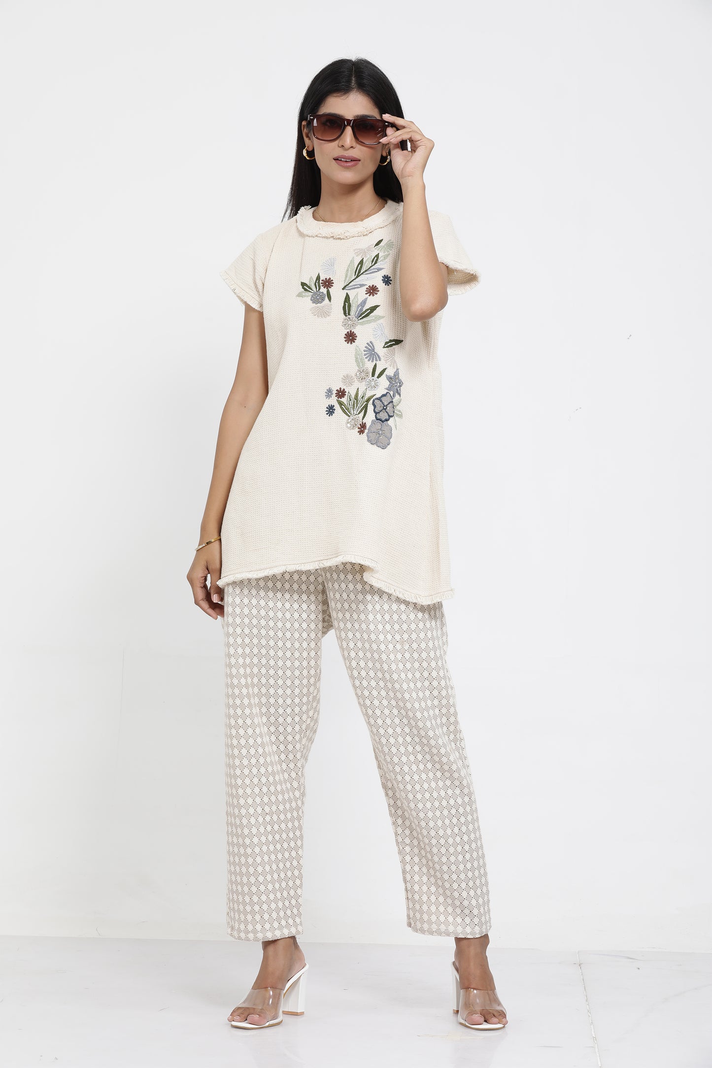 Saral Linen Embroidered Co-ord Set - Beige