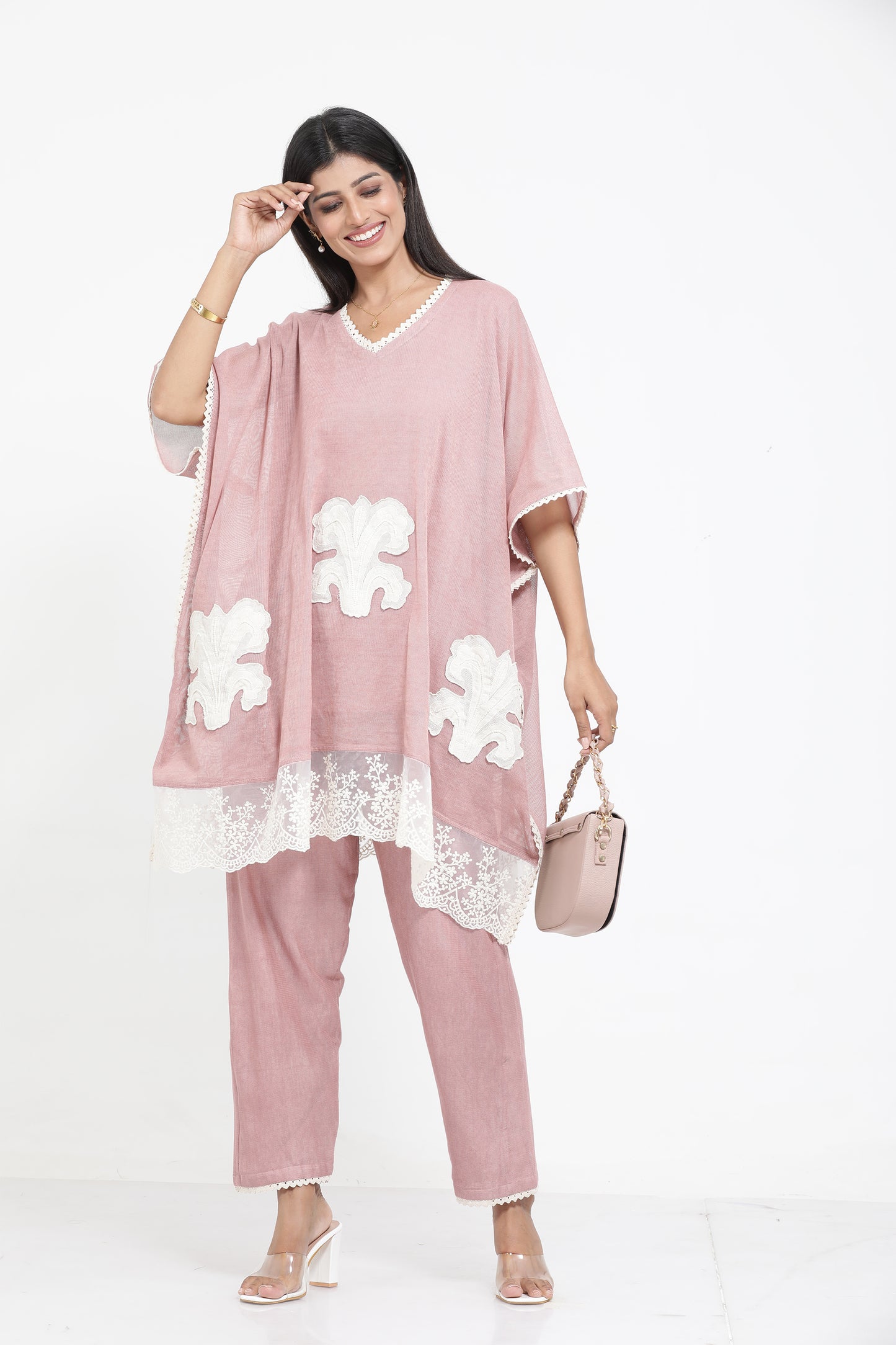 Saral Cotton Kaftan Co-ord Set - Salmon Pink