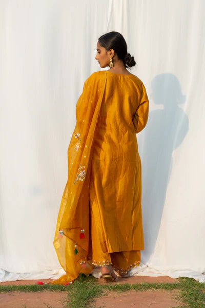 A woman standing and wearing Rajkumari Yellow Colored Suit Set.