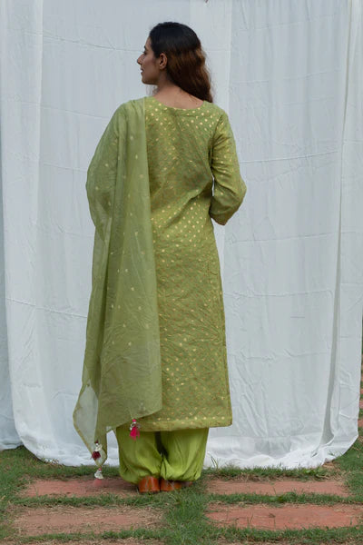 A woman standing and wearing Rajnandini Green Colored Suit Set.