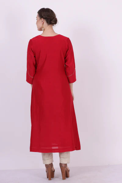 Saroj – Classic Red Chanderi Silk Tunic Top – Gota Lace Ethnic Top