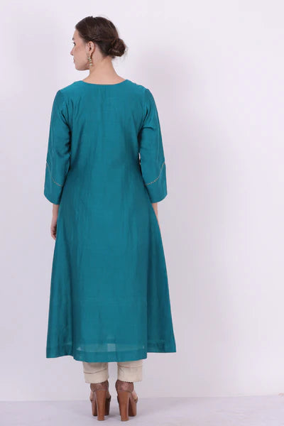 Saroj – Turquoise Blue Gota & Lace Work Chanderi Tunic – Festive Ethnic Top