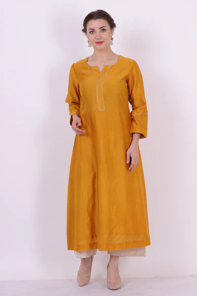 Saroj – Sunshine Yellow Chanderi Silk Tunic – Embroidered Ethnic Top