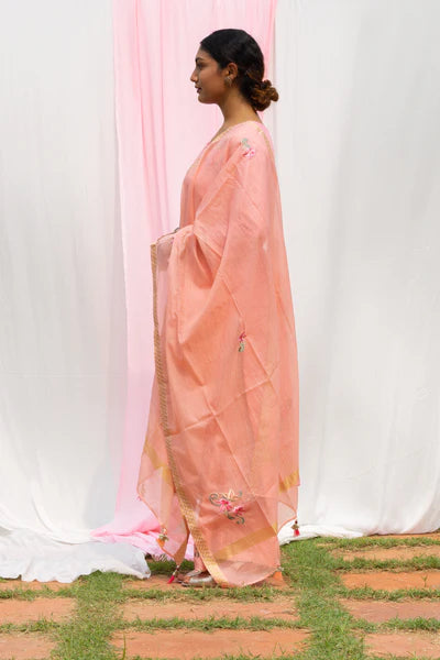 A woman standing and wearing Titli Peach Colored Suit Set.