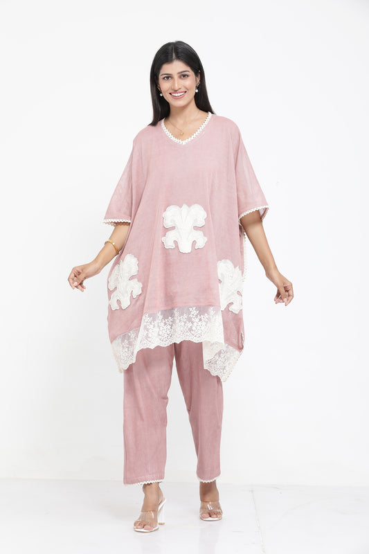 Saral Cotton Kaftan Co-ord Set - Salmon Pink