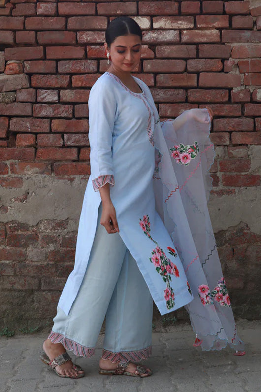  A woman standing and wearing Vaidehi Sky Blue Colored Suit Set.