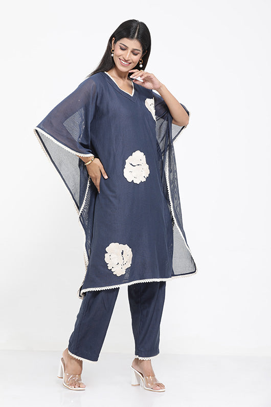 A woman wearing Blue Colored Saral Cotton Kaftan Co-ord Set.