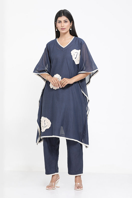  A woman wearing Blue Colored Saral Cotton Kaftan Co-ord Set.