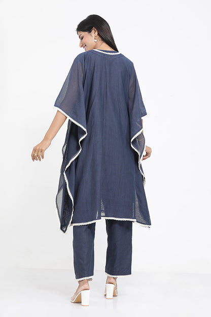 A woman wearing Blue Colored Saral Cotton Kaftan Co-ord Set.