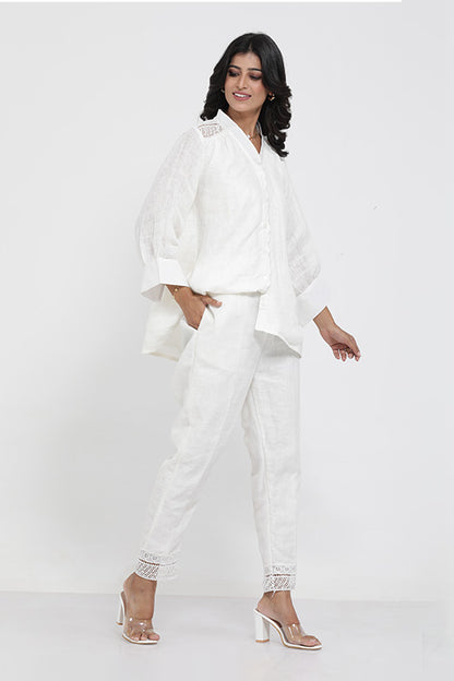 A woman wearing Saral Linen Plain Co-ord Set of Ivory Color.