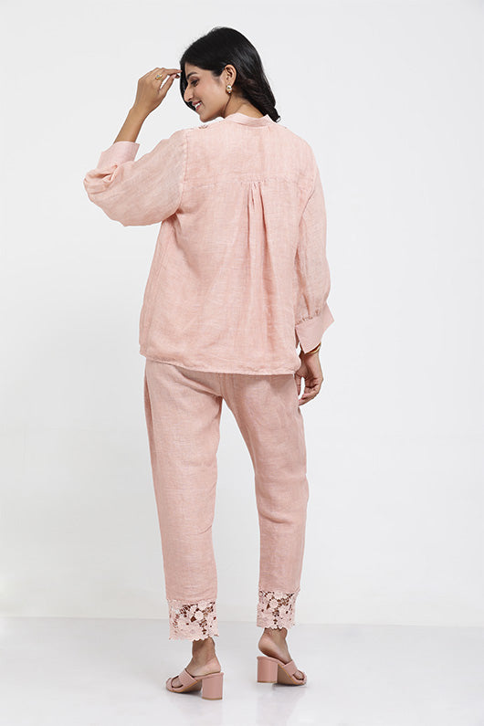 A woman wearing Saral Linen Plain Co-ord Set of Salmon Pink Color.