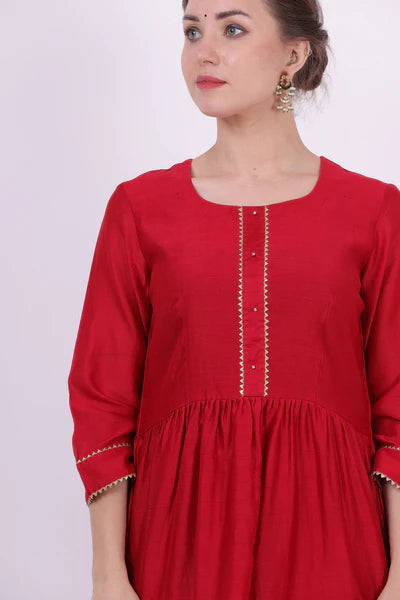 Padma – Classic Red Chanderi Silk Tunic Top – Gota Lace Ethnic Top