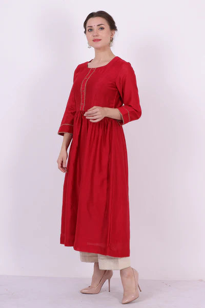 Padma – Classic Red Chanderi Silk Tunic Top – Gota Lace Ethnic Top