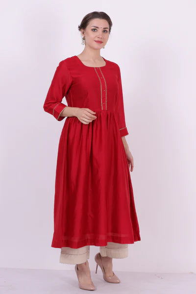 Padma – Classic Red Chanderi Silk Tunic Top – Gota Lace Ethnic Top