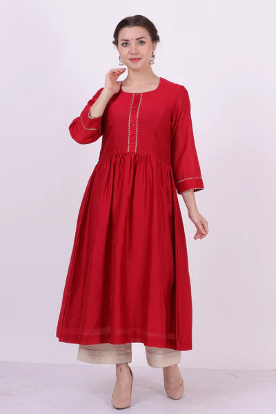 Padma – Classic Red Chanderi Silk Tunic Top – Gota Lace Ethnic Top