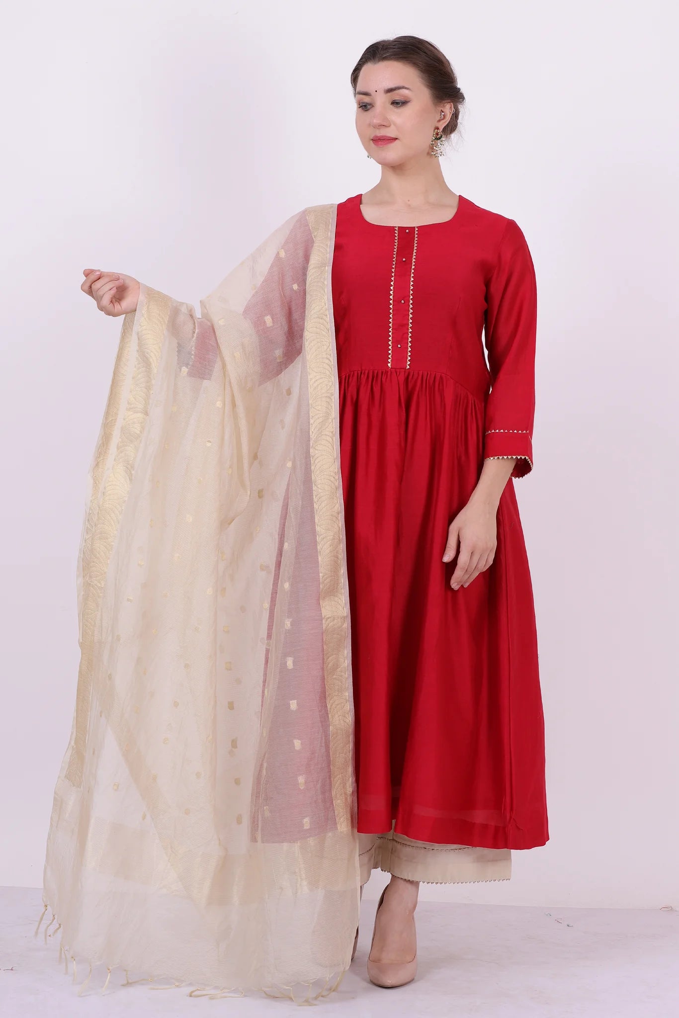 Padma – Classic Red Chanderi Silk Tunic Top – Gota Lace Ethnic Top