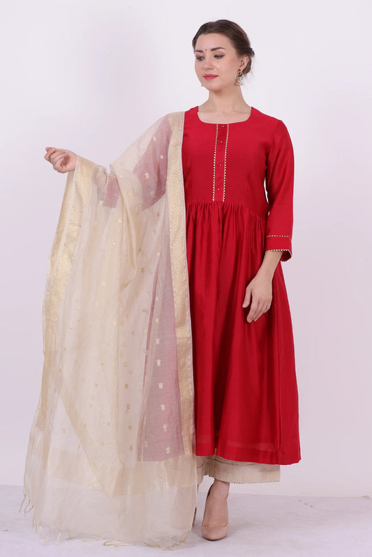 Padma – Classic Red Chanderi Silk Tunic Top – Gota Lace Ethnic Top