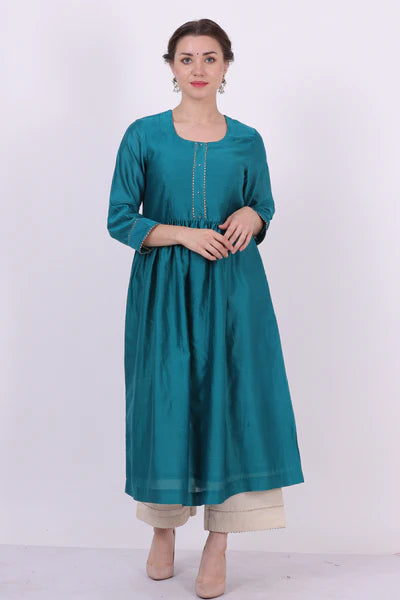 Padma – Turquoise Blue Gota & Lace Work Chanderi Tunic – Festive Ethnic Top