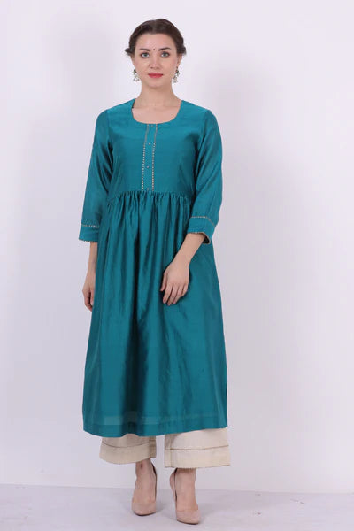 Padma – Turquoise Blue Gota & Lace Work Chanderi Tunic – Festive Ethnic Top