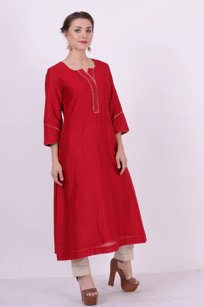 Saroj – Classic Red Chanderi Silk Tunic Top – Gota Lace Ethnic Top