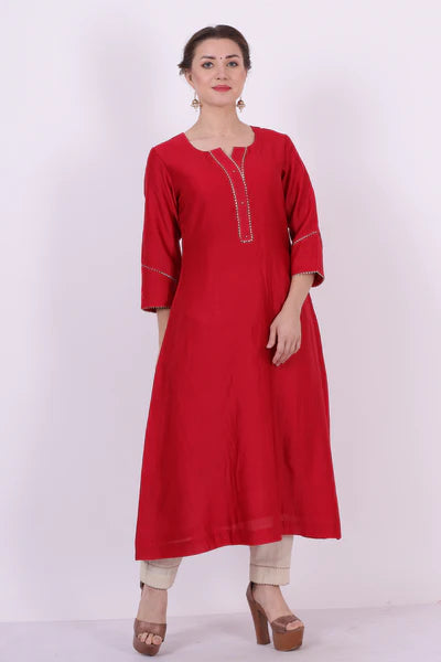 Saroj – Classic Red Chanderi Silk Tunic Top – Gota Lace Ethnic Top