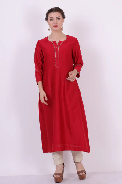 Saroj – Classic Red Chanderi Silk Tunic Top – Gota Lace Ethnic Top