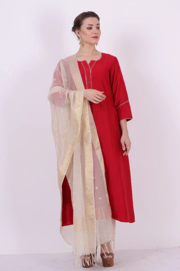 Saroj – Classic Red Chanderi Silk Tunic Top – Gota Lace Ethnic Top