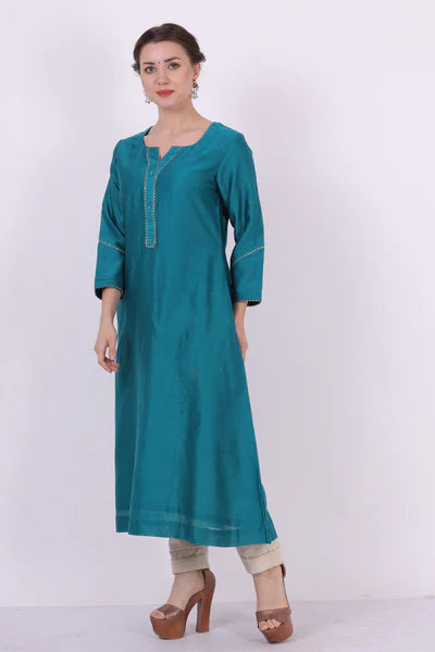 Saroj – Turquoise Blue Gota & Lace Work Chanderi Tunic – Festive Ethnic Top