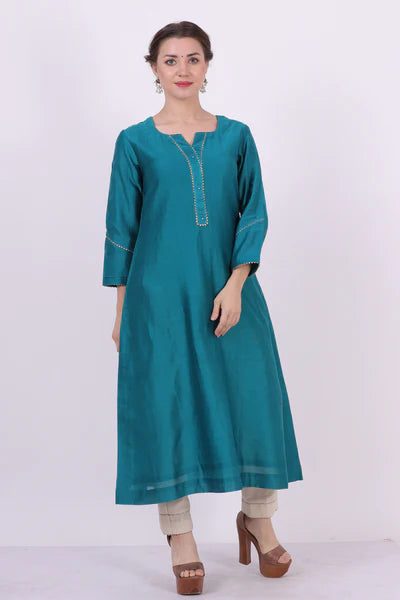 Saroj – Turquoise Blue Gota & Lace Work Chanderi Tunic – Festive Ethnic Top