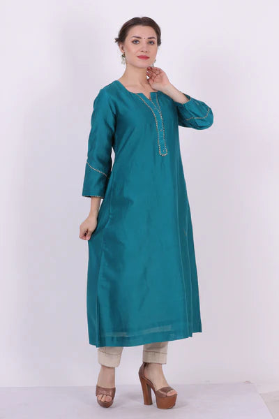 Saroj – Turquoise Blue Gota & Lace Work Chanderi Tunic – Festive Ethnic Top