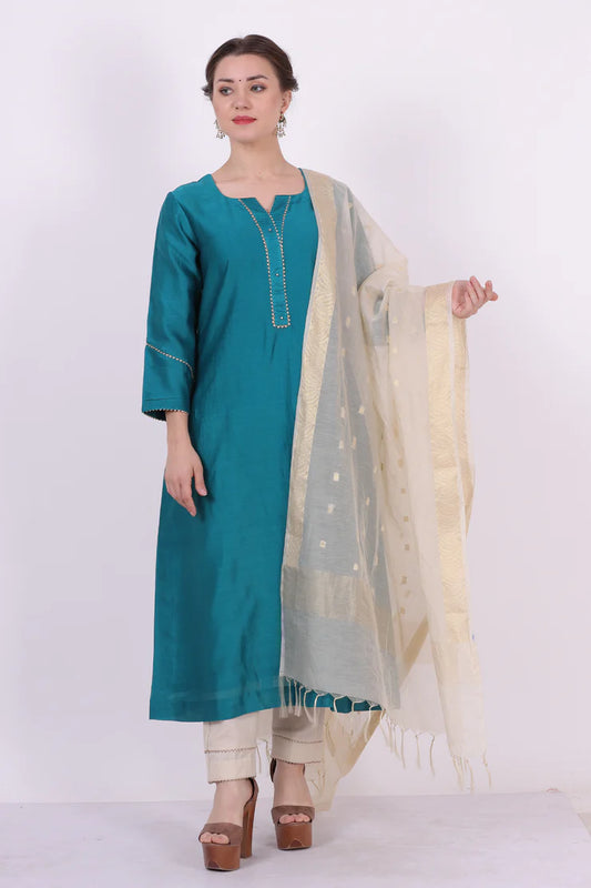 Saroj – Turquoise Blue Gota & Lace Work Chanderi Tunic – Festive Ethnic Top
