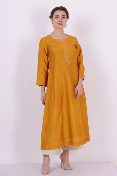 Saroj – Sunshine Yellow Chanderi Silk Tunic – Embroidered Ethnic Top