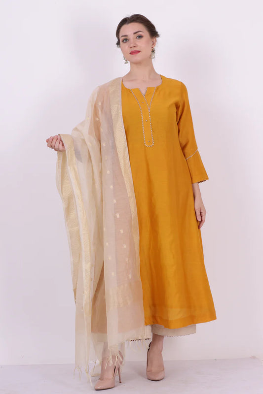 Saroj – Sunshine Yellow Chanderi Silk Tunic – Embroidered Ethnic Top